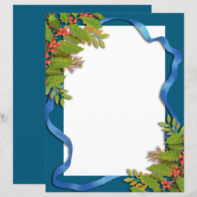 Christmas Ribbon Blue Stationery Paper (Front/Back)