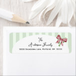Christmas Ribbon Bows Return Address Label<br><div class="desc">This Christmas return address label features a joyful red and green ribbon bow with a soft,  light green striped border.</div>