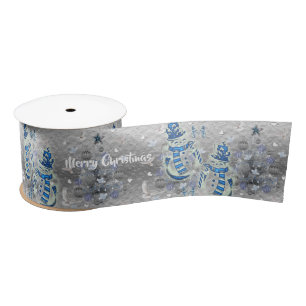 Christmas Ribbon, Merry Blue Silver Snowman Satin  Satin Ribbon