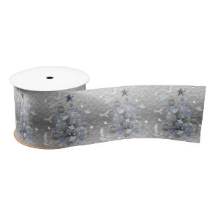 Christmas Ribbon, Merry Christmas Blue Silver Satin Ribbon
