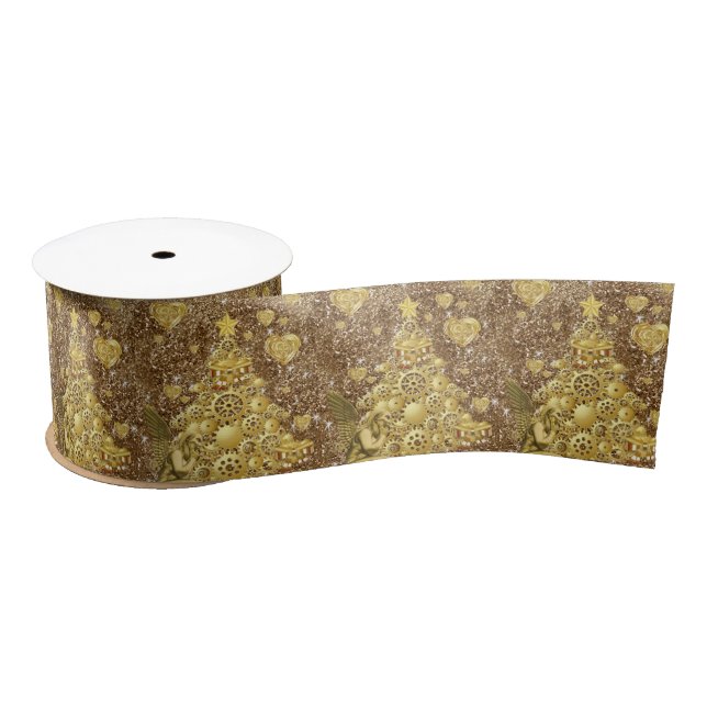 Christmas Ribbon, Merry Christmas Gold Angel Satin Ribbon (Spool)