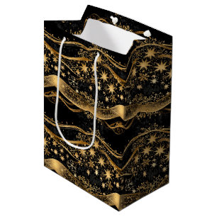 Christmas Ribbon & Starry Night Gold Print Medium Gift Bag