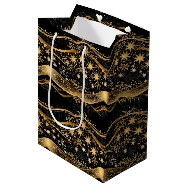 Christmas Ribbon & Starry Night Gold Print Medium Gift Bag (Front Angled)