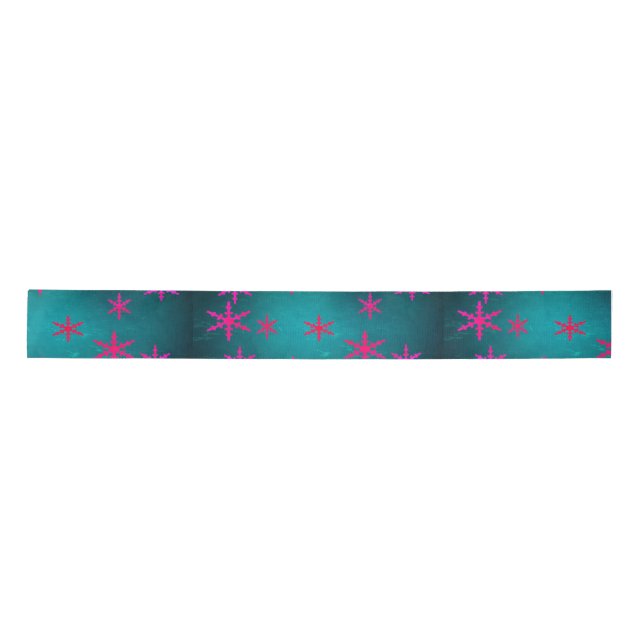 Christmas Ribbon-Teal/Hot Pink Snowflake Satin Ribbon (Front)