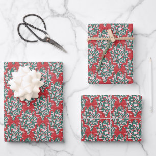 Christmas Ribbons and Berries on Pink Wrapping Paper Sheet