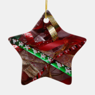 Christmas Ribbons Red Green and Gold Holiday Ceramic Tree Decoration