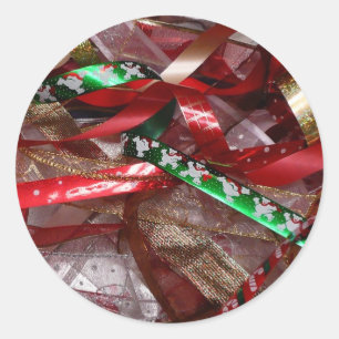 Christmas Ribbons Red Green and Gold Holiday Classic Round Sticker