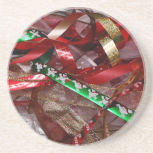 Christmas Ribbons Red Green and Gold Holiday Coaster