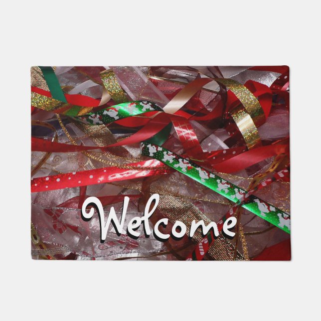 Christmas Ribbons Red Green and Gold Holiday Doormat (Front)