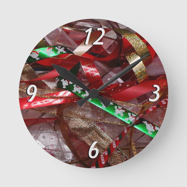 Christmas Ribbons Red Green and Gold Holiday Round Clock (Front)