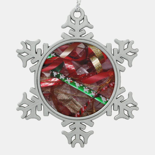 Christmas Ribbons Red Green and Gold Holiday Snowflake Pewter Christmas Ornament (Front)