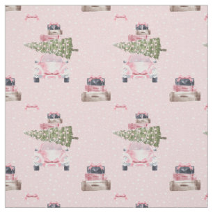 Christmas Road Trip Chic Pink Retro Watercolor Car Fabric