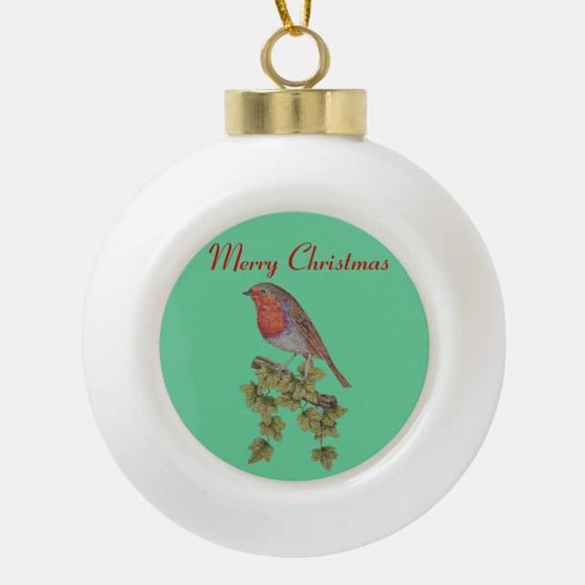 Christmas Robin and ivy leafs for christmas Ceramic Ball Christmas Ornament (Front)