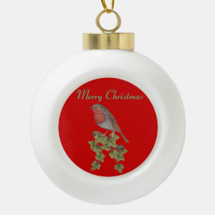 Christmas Robin and ivy leaves illustration Ceramic Ball Christmas Ornament