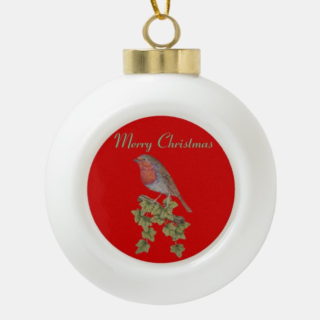 Christmas Robin and ivy leaves illustration Ceramic Ball Christmas Ornament (Front)