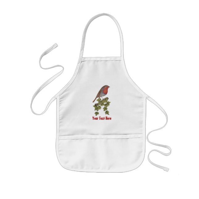 Christmas robin and ivy leaves illustration kids apron (Front)