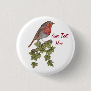 christmas robin and ivy leaves seasonal  3 cm round badge