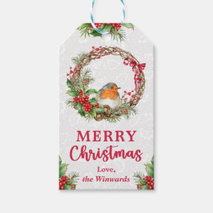 Christmas Robin and Winter Berries Wreath Gift Tags