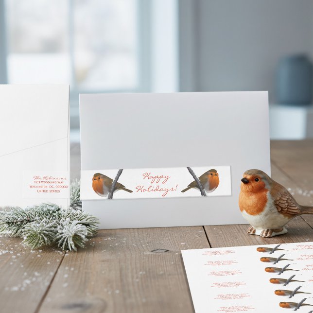 Christmas Robin Bird Happy Holidays Red and White Wrap Around Label (These robin bird address labels add a touch of nature-inspired holiday elegance to all your mail)