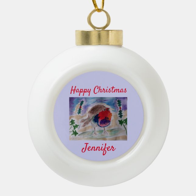 Christmas Robin Ceramic Ball Ornament (Front)