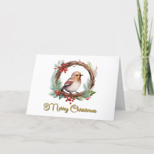 Christmas Robin Floral Wreath Greetings Card