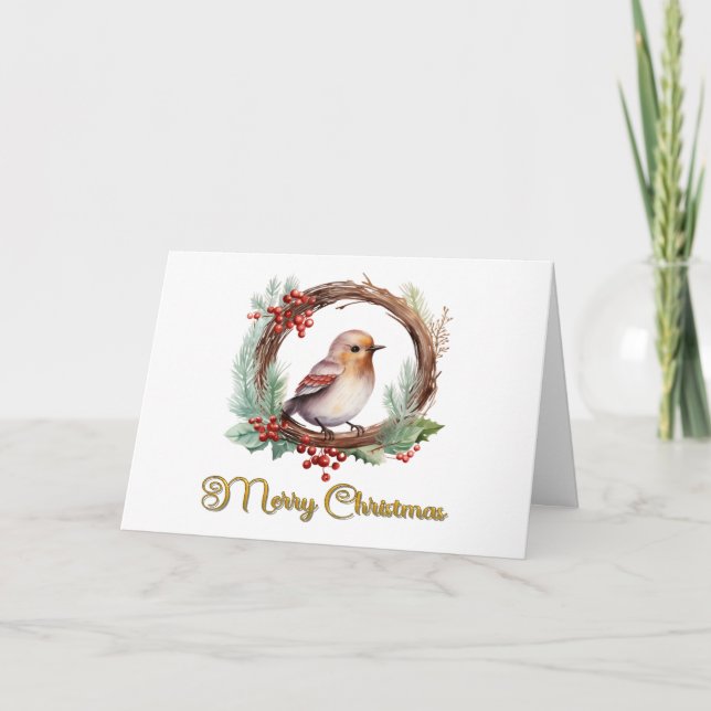 Christmas Robin Floral Wreath Greetings Card (Front)