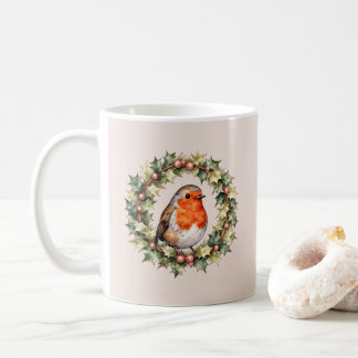 Christmas Robin Holly Wreath Watercolour Coffee Mug