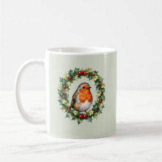 Christmas Robin Holly Wreath Watercolour Coffee Mug