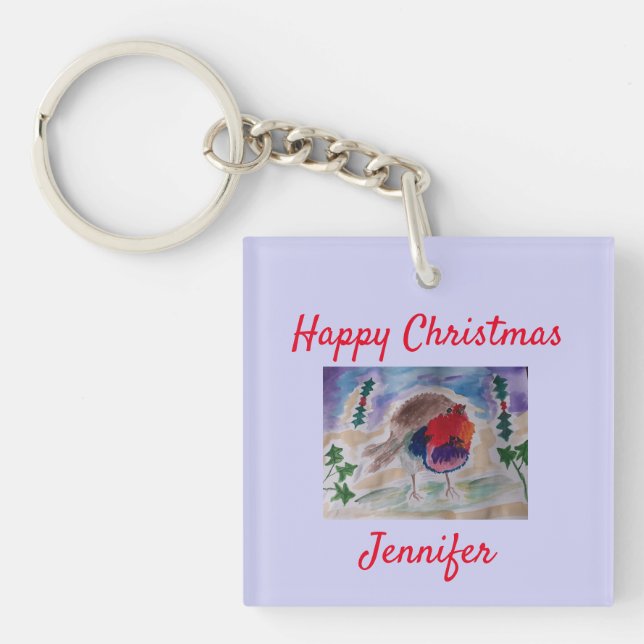 Christmas Robin Personalised Acrylic Key Ring (Front)