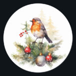 Christmas Robin Pine Baubles Classic Round Sticker<br><div class="desc">This design features a watercolor illustration of red - breasted robin perched on a branch of pine. You can reduce the size of the image and add your text.</div>