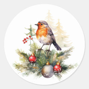 Christmas Robin Pine Baubles Classic Round Sticker