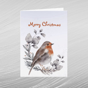 Christmas Robin Redbreast Leaves Watercolor Holiday Card
