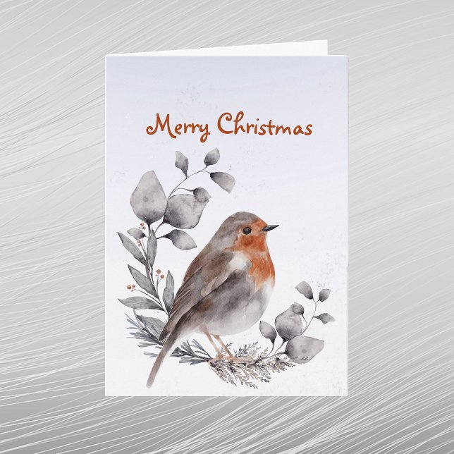 Christmas Robin Redbreast Leaves Watercolor Holiday Card (Creator Uploaded)