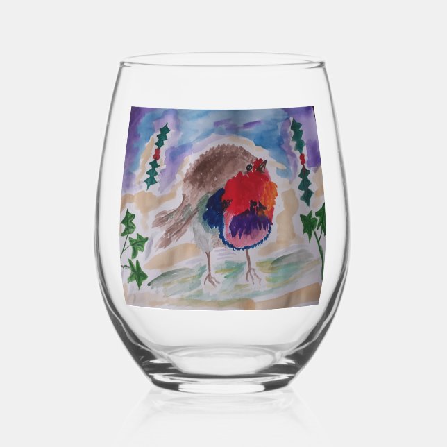 Christmas Robin  Stemless Wine Glass (Front)