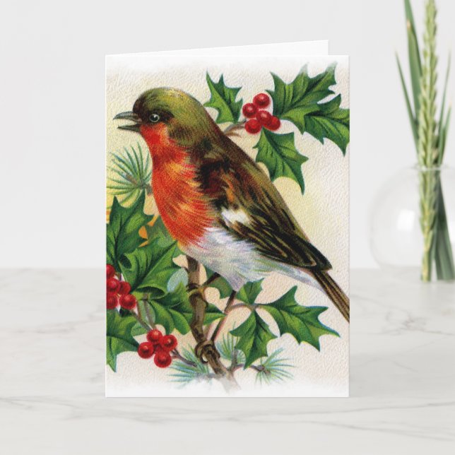 Christmas Robin Vintage Illustration Holiday Card (Front)