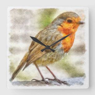 Christmas Robin Winter Watercolor Square Wall Clock