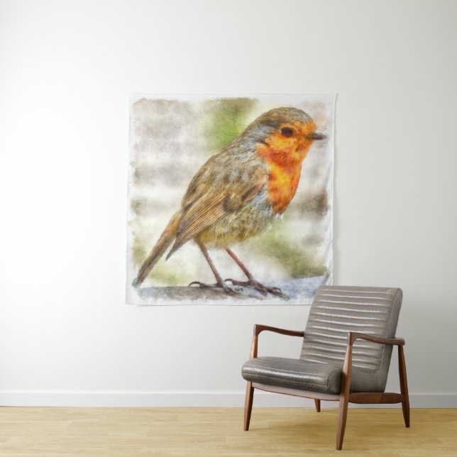 Christmas Robin Winter Watercolor Tapestry (In Situ)