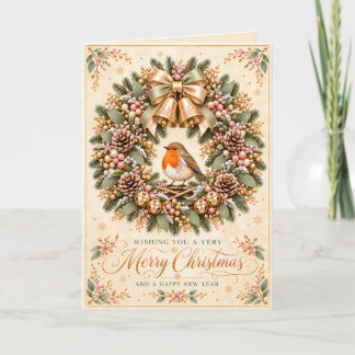 Christmas Robin Wreath Pink Gold Jingle Bells Holiday Card