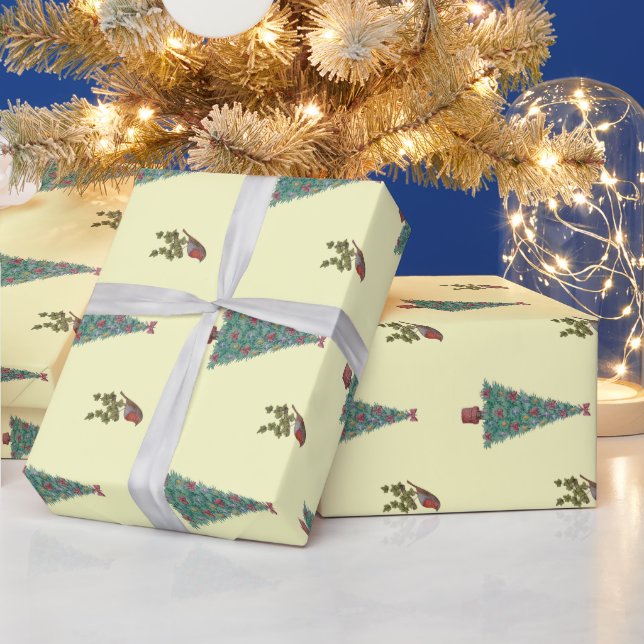 Christmas Robins and christmas trees Wrapping Paper (Holidays)