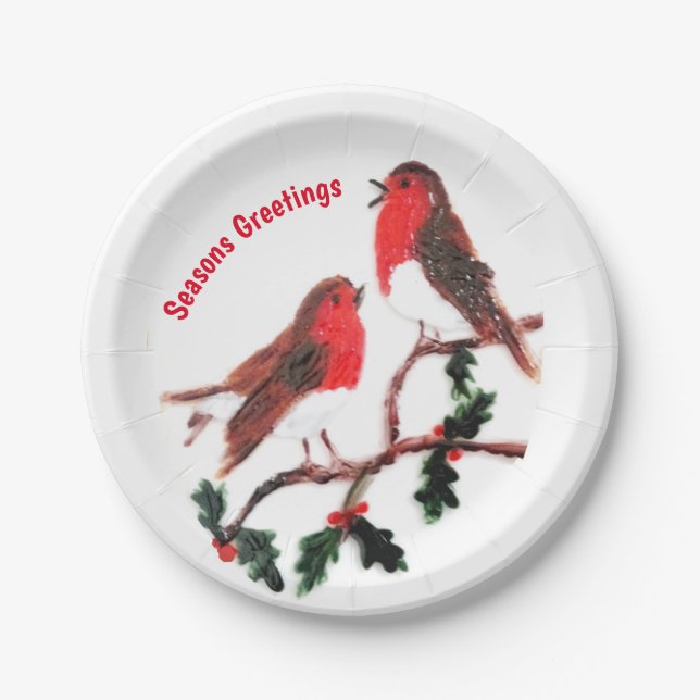 Christmas Robins Holly Seasons Greeetings Paper Plate (Front)