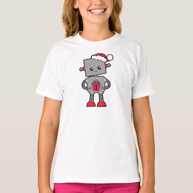 Christmas Robot, Cute Robot, Santa Hat, Gifts T-Shirt (Front)