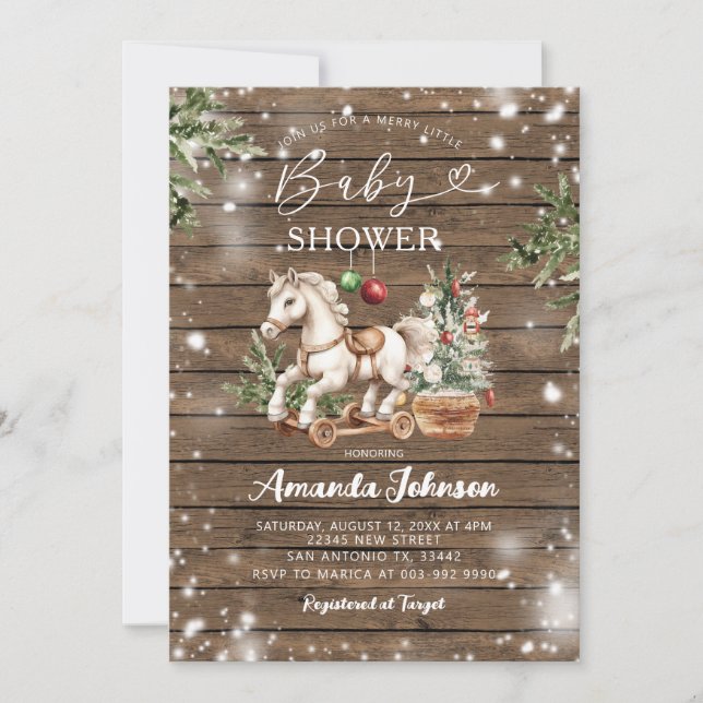 Christmas Rocking Horse Rustic Wood Baby Shower Invitation (Front)