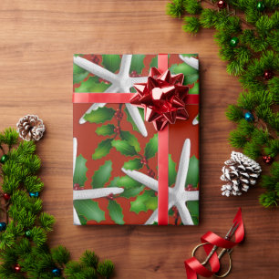 Christmas Roll Starfish n Holly on Red Wrapping Paper