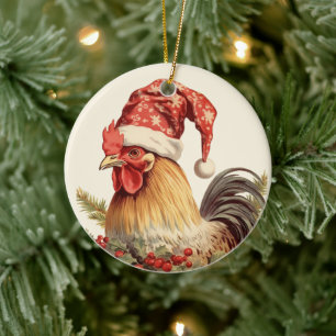 Christmas rooster add text watercolor Ceramic Tree Decoration