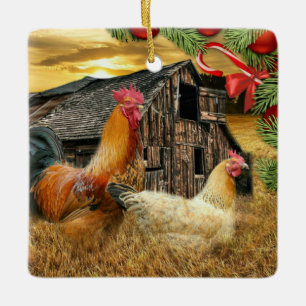 Christmas Rooster Hen Barn Coop Farm Ceramic Ornament