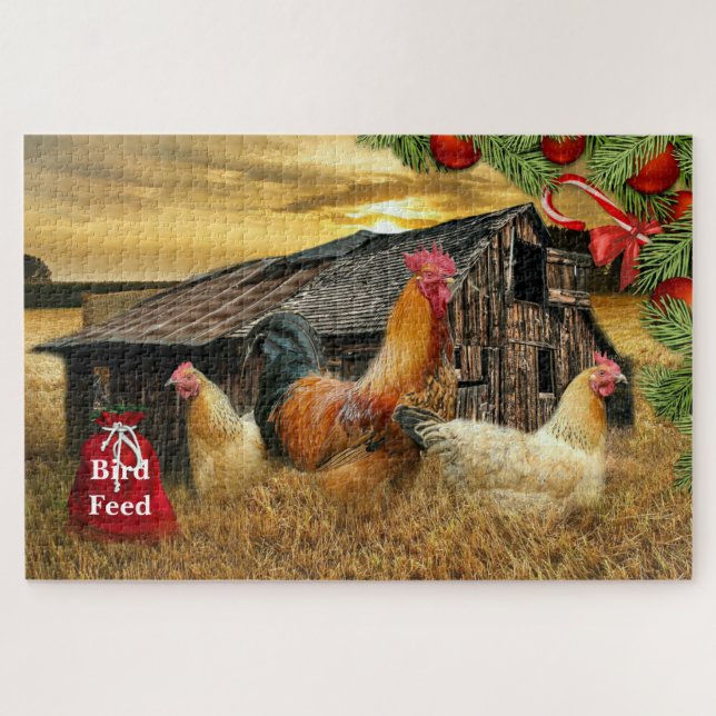 Christmas Rooster Hen Barn Coop Farm Jigsaw Puzzle (Horizontal)