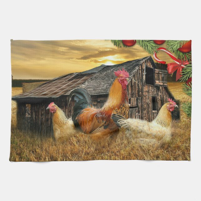 Christmas Rooster Hen Barn Coop Farm Tea Towel (Horizontal)