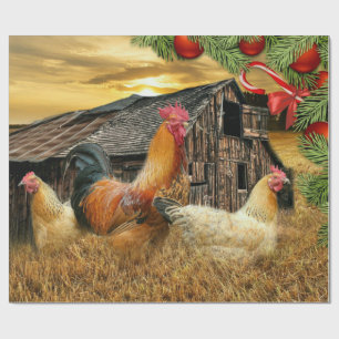Christmas Rooster Hen Barn Coop Farm Wrapping Paper