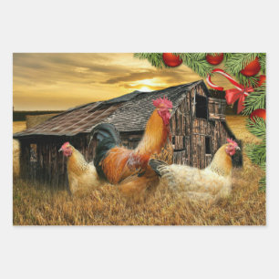 Christmas Rooster Hen Barn Coop Farm Wrapping Paper Sheet