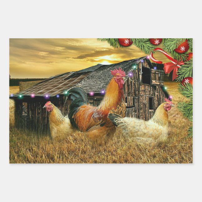 Christmas Rooster Hen Barn Coop Farm Wrapping Paper Sheet (Front)
